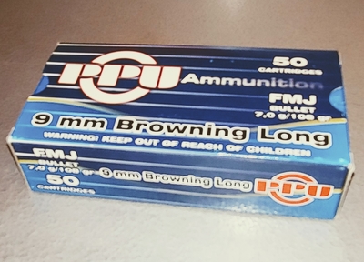 PPU , cal 9mm Browning Long, 7,0 g / 108 gr FMJ, 50 kpl rasia